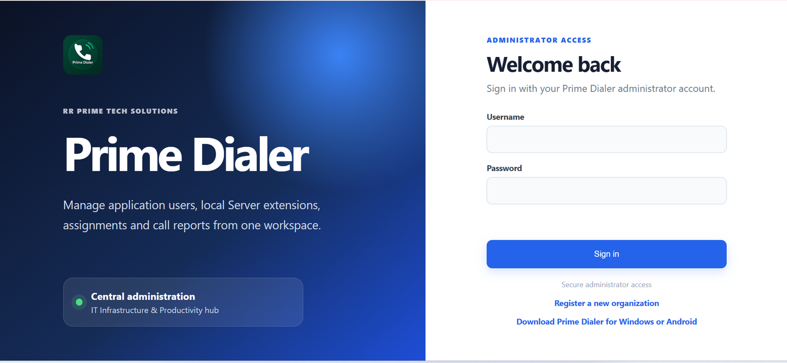 Prime Dialer administration login screen