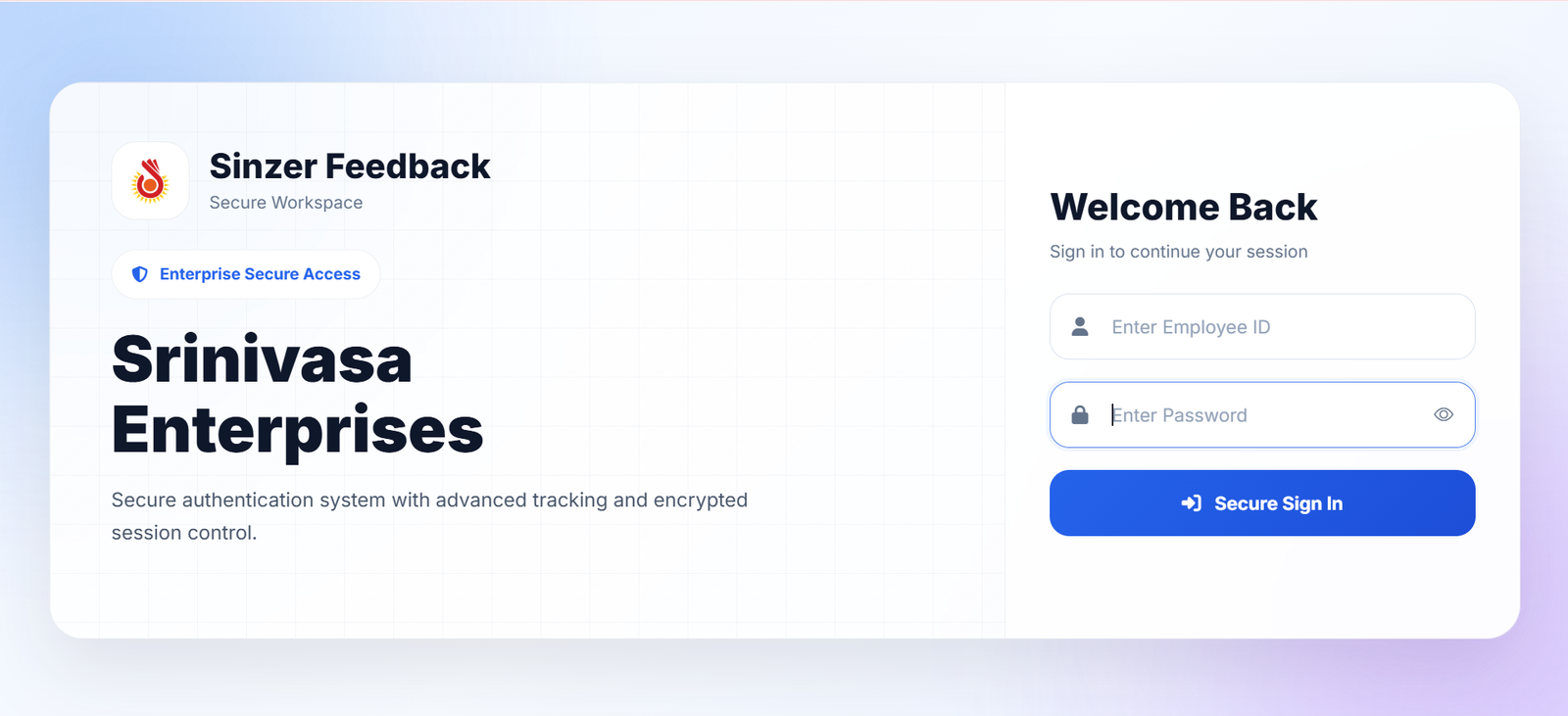 Sinzer Feedback secure workspace login screen