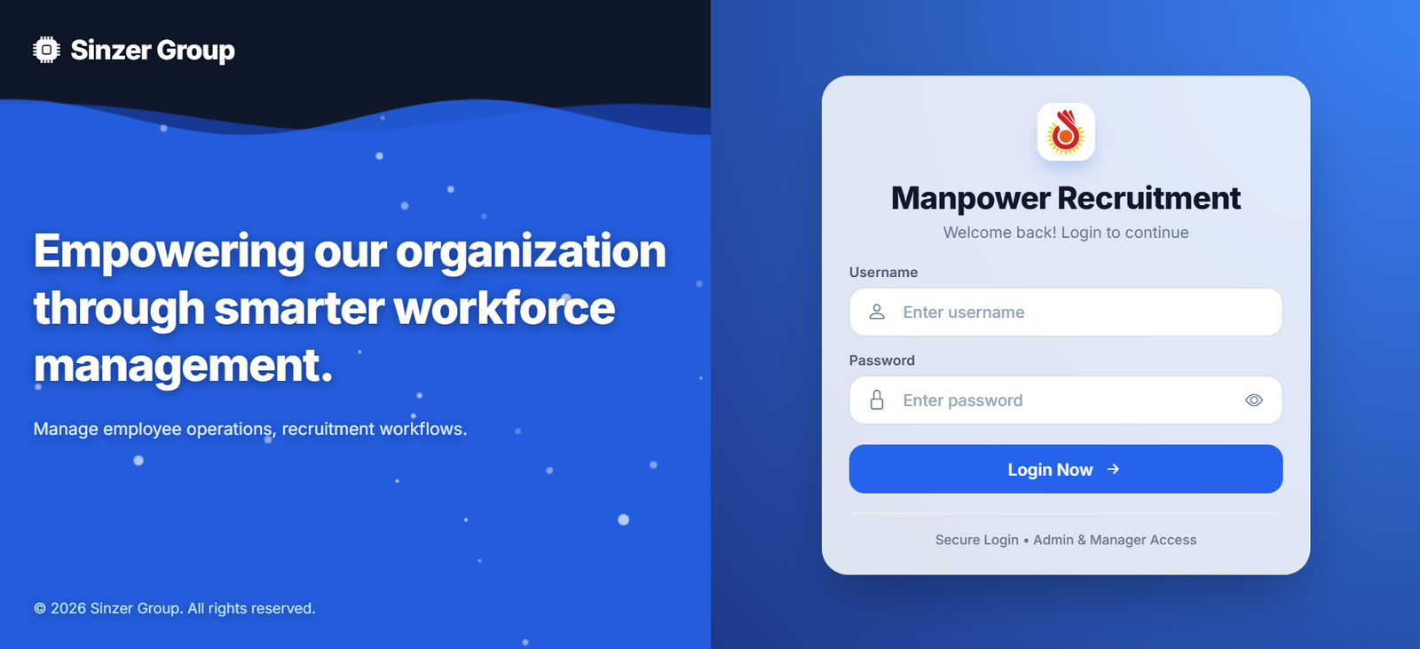 Sinzer Group manpower recruitment login screen